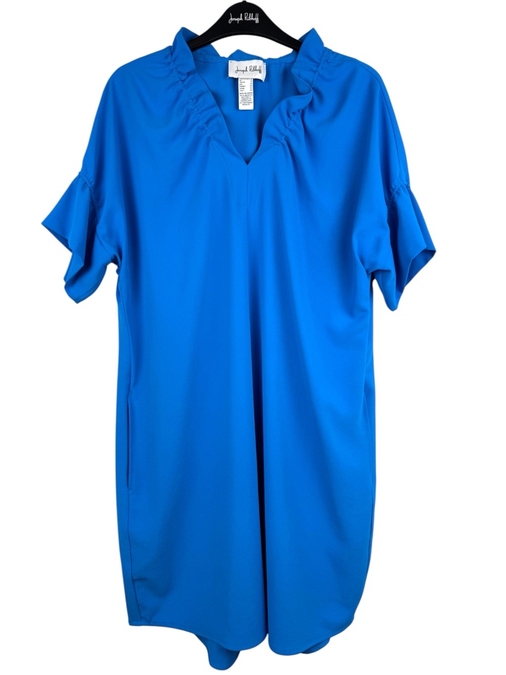 Joseph Ribkoff Bright Blue Ruffle V-Neck &  Sleeve Shift Dress Pockets Size 10